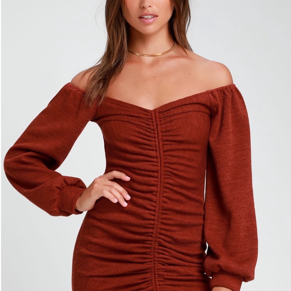 Lulus Aurinda Rust Orange Ruched Off-the-Shoulder Bodycon Dress